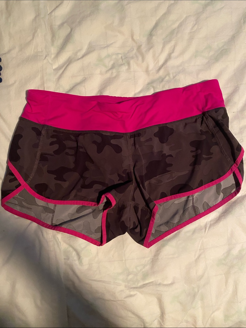 LULULEMON Women's Camo Print Running Shorts with Hot Pink Waistband